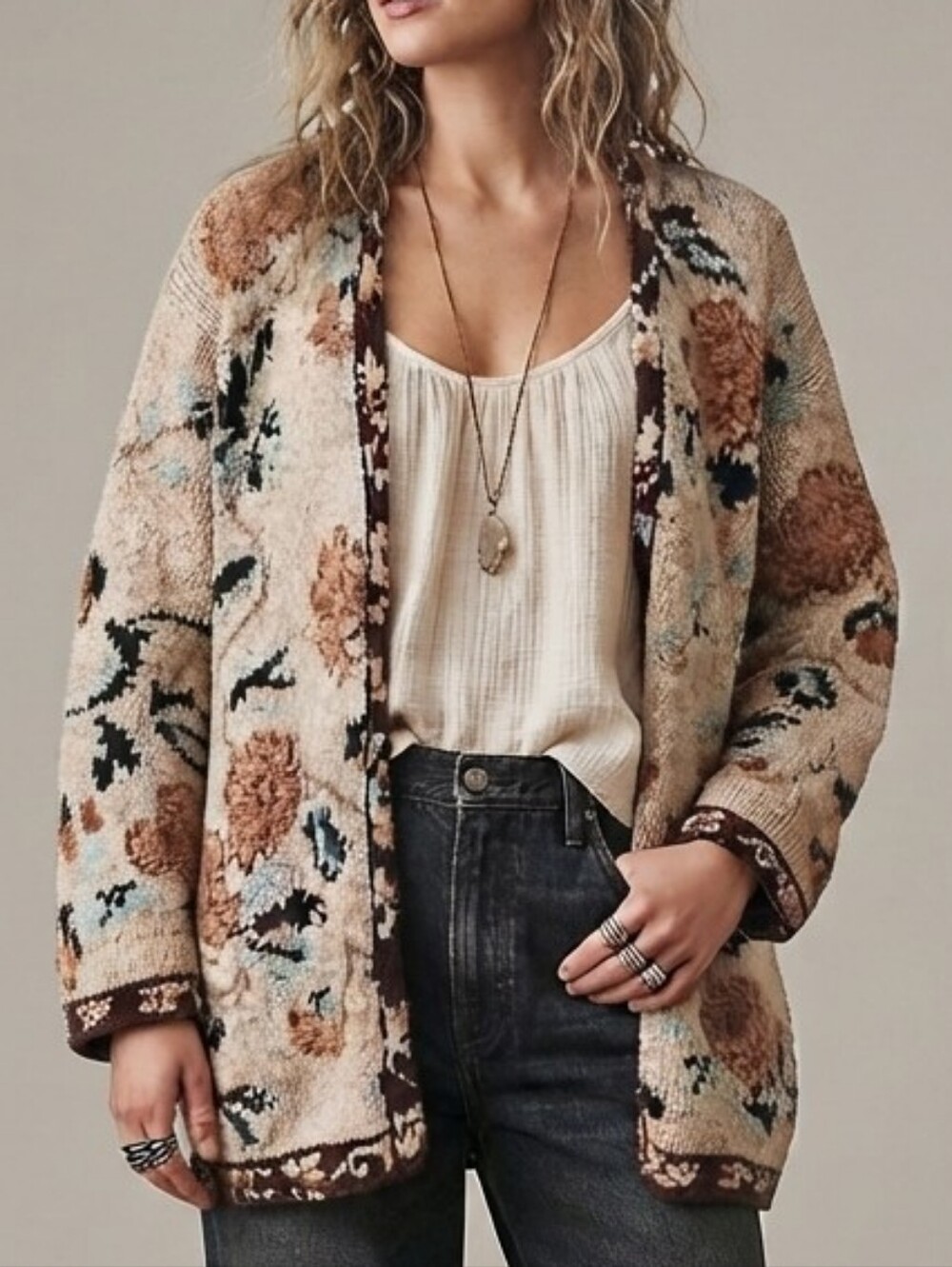 VTG Cardigan Sz L Natural Fibers Ramie Cotton Tan Floral Grandmacore Cottagecore